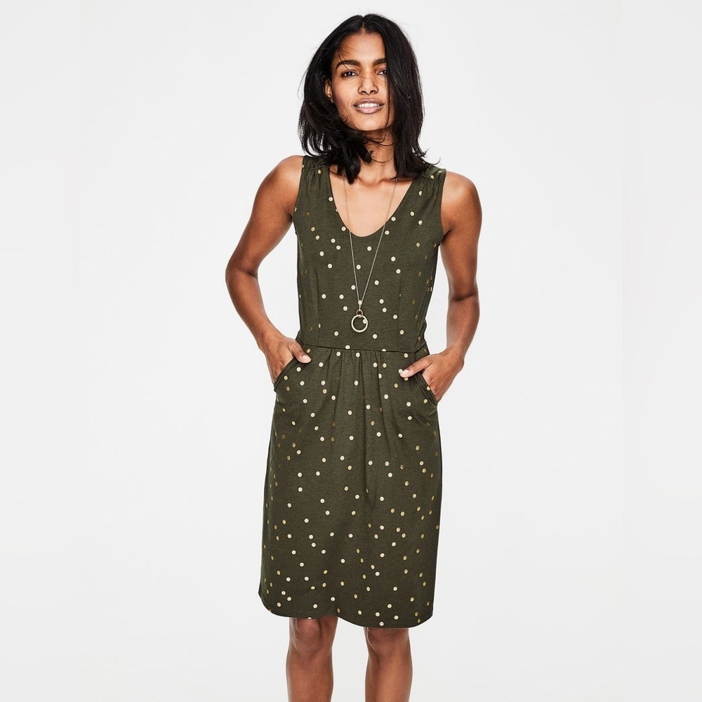 Boden Women’s Melinda Jersey Dress Size 4 Green & Gold Polka Dot - Picture 3 of 13